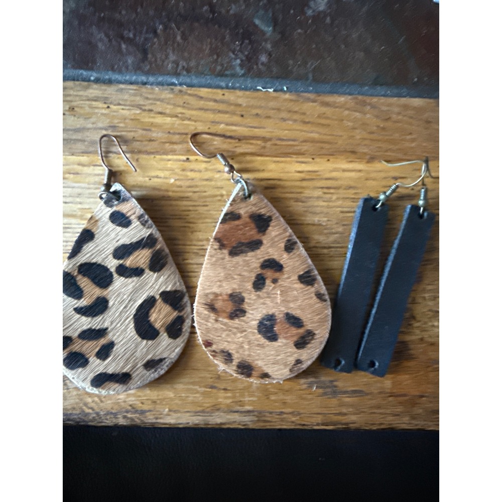 Leopard Zebra Calf Hair Teardrop & Black Leather Bar Dangle Earring Set 2 Pairs